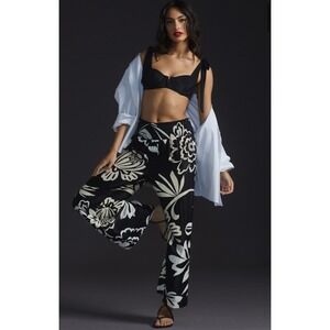 Maeve Saria Smock Hi Rise Wide-Leg Pants Viscose Black Tan Floral Pockets Sz XS